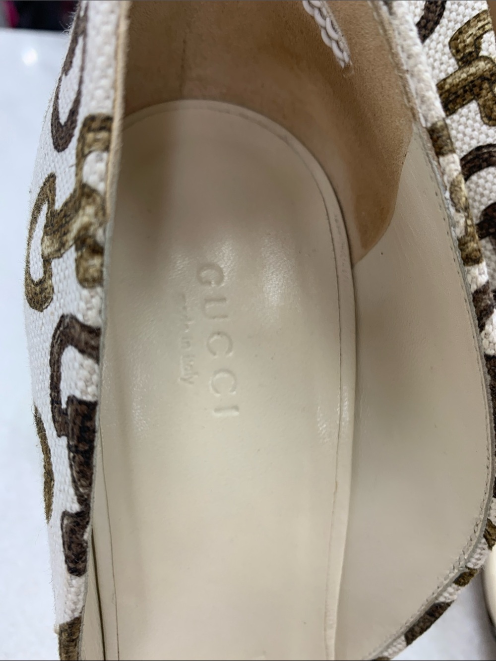 Gucci Chocolate BrownLeather Open-Toe Heels with White Brown Monogram Canvas 9 - Picture 3 of 8